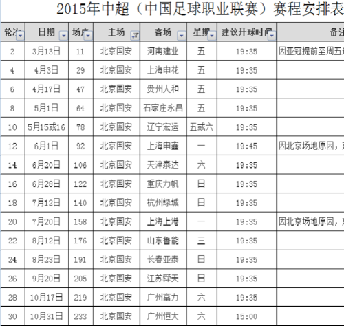 中国足球赛程一览表